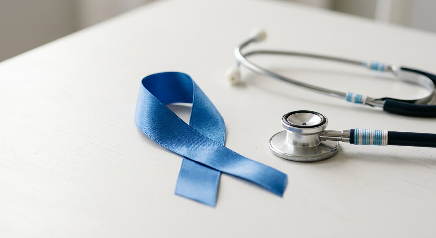 Satin blue cancer ribbon on a desk