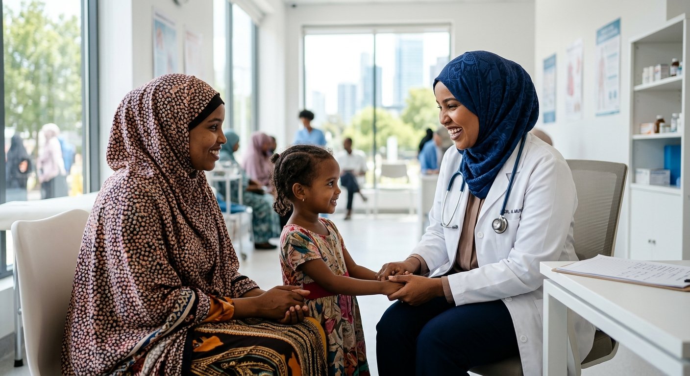 Somali female doctor smiling reassuringly at a Somali family